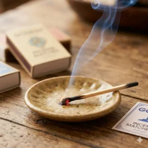 An incense matches stick gently smoking and smoldering on a heat resistant tray