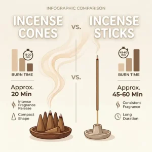 Side-by-side comparison of cones and sticks to show how long does incense burn for each type.