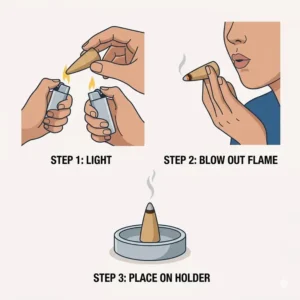 Step by step vector illustration showing how to properly light and ash incense cones.