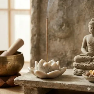 A peaceful meditation altar featuring a stone lotus incense burner stick holder and a Buddha statue.