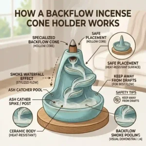 An illustrative guide demonstrating how a backflow incense cone holder creates a waterfall smoke effect
