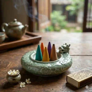 An assortment of multi-colored natural conical incense cones arranged neatly on a wooden surface.