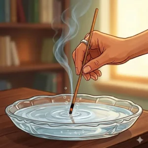 An illustration of the water technique explaining how do you put out an incense stick by dipping the glowing end into a tray.
