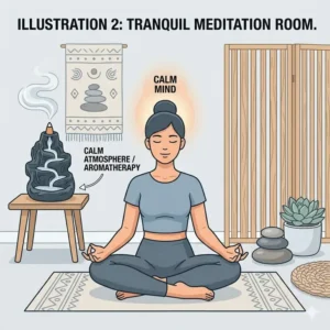 A digital illustration of a waterfall incense burner on a wooden table next to a meditating person for relaxation.
