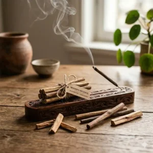 A tranquil scene of a meditation corner featuring a lit wooden incense stick and a Pilea plant.