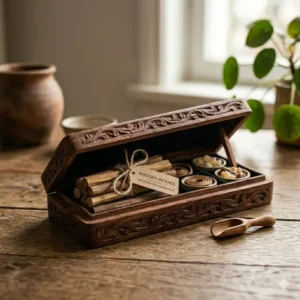 An ornate, detailed dark wooden incense storage box with compartments and a small scoop.