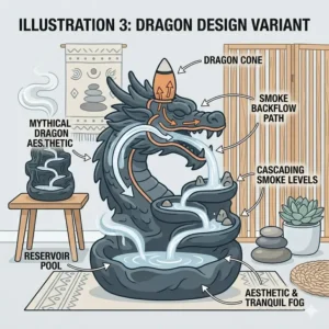 An intricate illustration of a mythical dragon waterfall incense burner with smoke gently flowing out of the dragon's mouth.