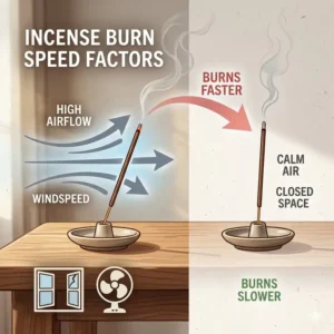 Educational diagram illustrating how environmental airflow affects how long does incense burn.
