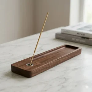 Minimalist dark walnut wood incense burner stick holder with a long tray on a marble surface.
