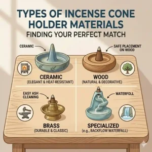 A visual comparison of different materials, including wood, ceramic, and brass, for an incense cone holder.