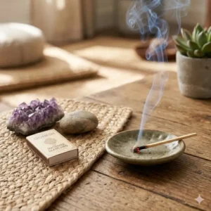A lit incense matches stick resting on a ceramic dish next to a yoga mat and crystal
