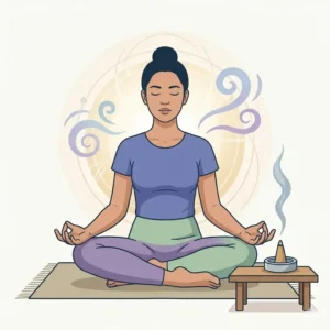 Illustration of a person meditating next to aromatic incense cones for yoga and relaxation.
