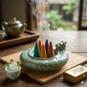 Lit conical incense smoking gently in a peaceful, sunlit meditation room setting.