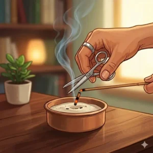 Using scissors to cut the burning tip, a precise way of how do you put out an incense stick for later use.