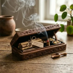 An atmospheric photograph focusing on the detailed smoke plumes from a lit wooden incense cone.