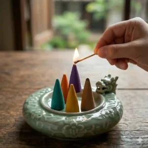 : A hand using a wooden match to light the tip of a small brown conical incense piece.