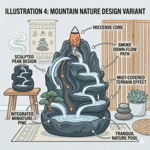 A stylized illustration of a mountain-shaped waterfall incense burner mimicking a real mist-covered peak.