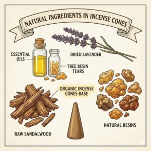 Botanical graphic showing raw sandalwood and resins used to create organic incense cones.