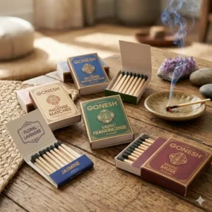 A collection of premium incense matches displaying various floral and woody scent labels