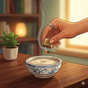 Placing a metal cap over the flame to show how do you put out an incense stick by oxygen deprivation.