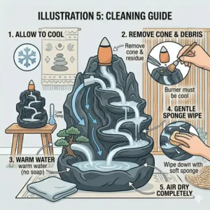A step-by-step illustration showing how to clean a waterfall incense burner using warm water and a cotton swab.