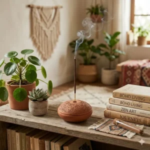 Boho-style terracotta incense burner stick holder placed on a bookshelf among indoor plants.