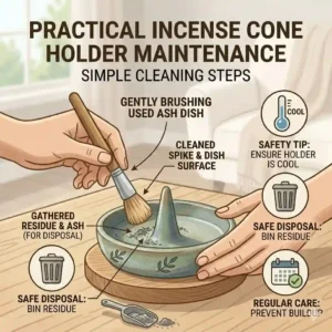 An instructional illustration showing the simple steps to clean ash and maintain your incense cone holder.