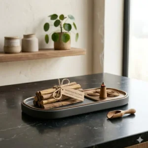 A minimalist home decor shelf displaying a modern wooden incense tray with coils.