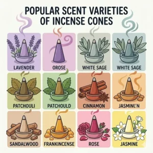 A colorful guide displaying various aromatherapy scents available for incense cones.