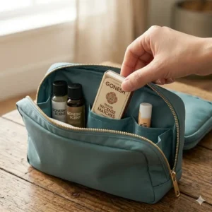 A compact book of portable incense matches being pulled out of a travel makeup bag