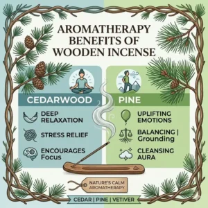 An educational infographic illustration about the calming aromatherapy benefits of wooden incense like cedar and pine.
