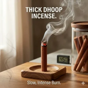 Close-up of a thick dhoop stick illustrating how long does incense burn with coreless varieties.