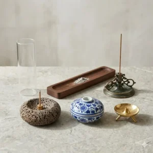A variety of different materials and shapes for a decorative incense burner stick holder collection.