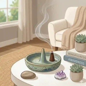 A lifestyle illustration showing a meditation space arranged with crystals and an incense cone holder.