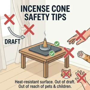 Safety illustration showing the correct placement of burning incense cones away from curtains and drafts.