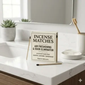 A matchbook of air freshening incense matches sitting neatly on a modern bathroom vanity