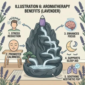 An infographic illustrating the stress-relief and aromatherapy benefits of using a waterfall incense burner with lavender cones.