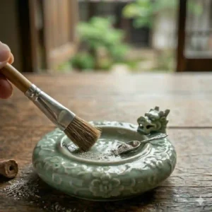 A small brush cleaning away residual ash from a ceramic conical incense tray.
