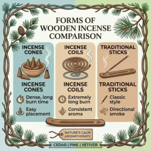 A comparison chart showing different forms of wooden incense including cones, coils, and sticks.