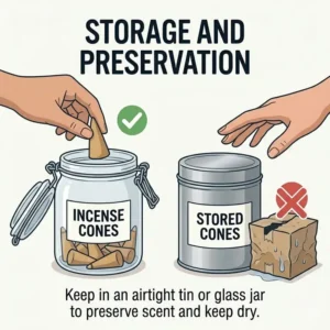 Graphic illustrating how to store incense cones in an airtight container to preserve scent.