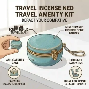 An illustration showcasing a portable, compact incense cone holder designed for travel and small spaces.