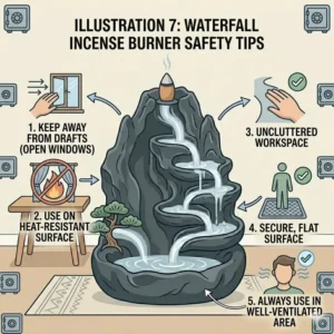 A safety illustration showing a waterfall incense burner placed on a heat-resistant surface away from open windows and drafts.