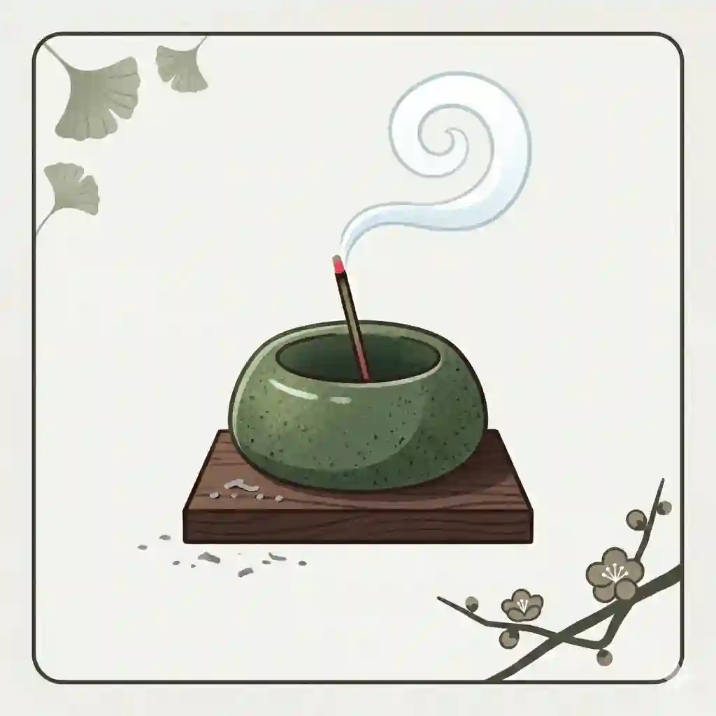 A handmade japanese incense holder with a ceramic tray and brass insert holding a burning incense stick with smoke rising.