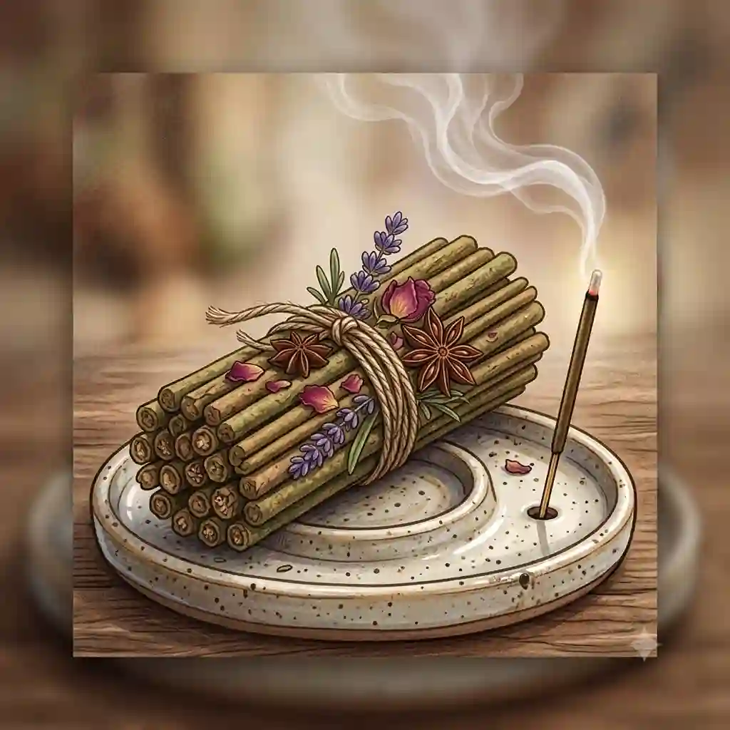A premium bundle of organic incense sticks tied with a hemp string, resting next to a burning stick on a ceramic holder with subtle smoke trails.
