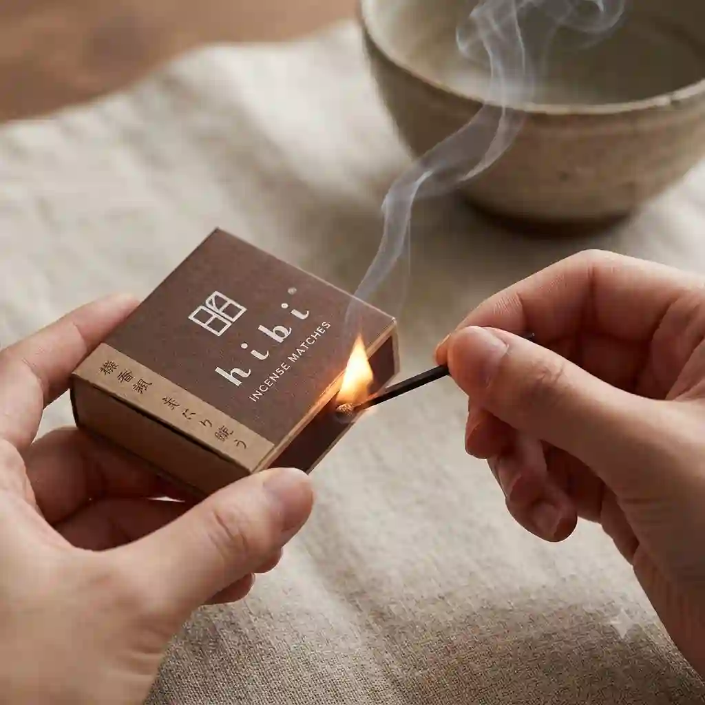 A person striking a Hibi incense match against the side of its minimalist brown packaging, creating a small flame to release aromatic smoke.