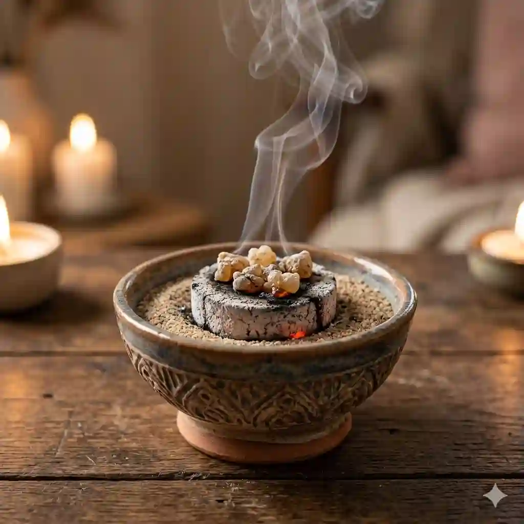 A close-up of a ceramic censer with gentle smoke rising from burning frankincense resin on a charcoal disc, showing how to burn frankincense resin.