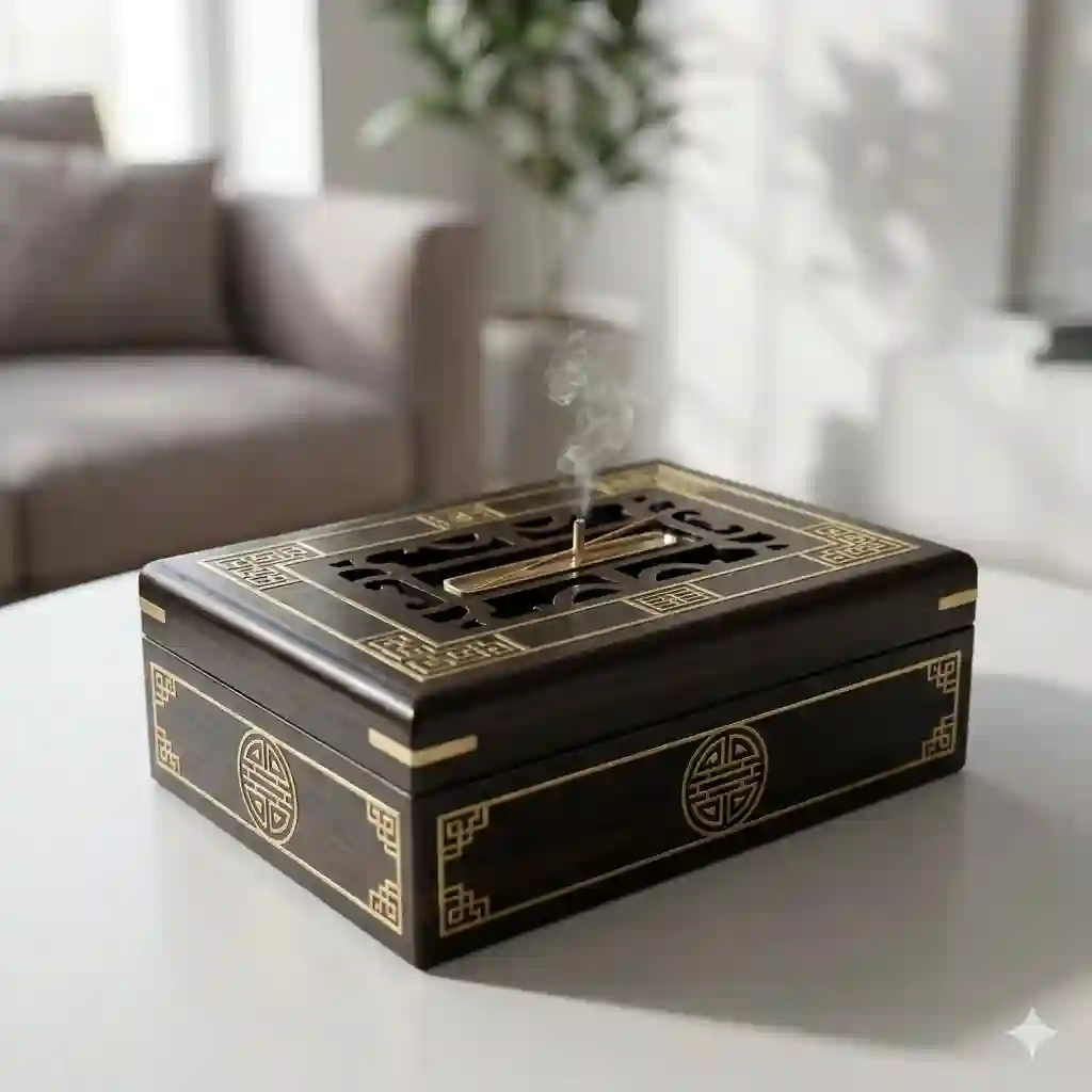 A premium dark wooden incense box with ornate brass inlays resting on a minimalist living room table.