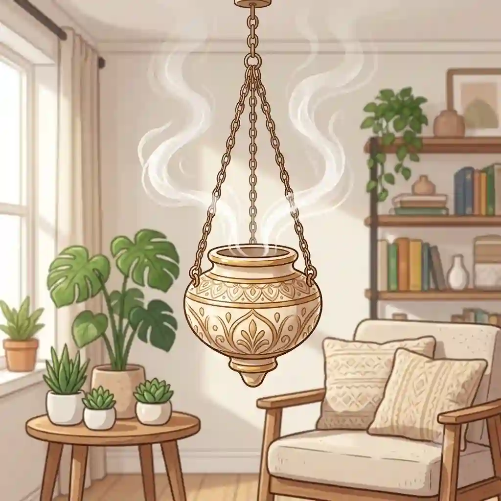 A modern hanging incense burner made of ceramic with smoke drifting in a minimalist living room.