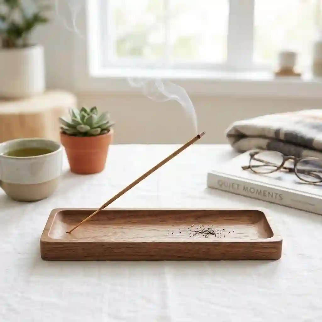 A minimalist wooden incense tray holding a burning incense stick with a gentle stream of smoke in a bright, modern living room.
