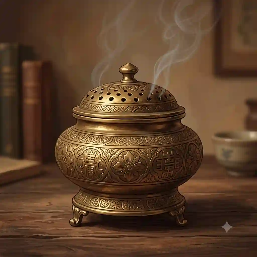 A classic vintage incense burner made of polished brass with intricate engravings, emitting thin wisps of smoke.